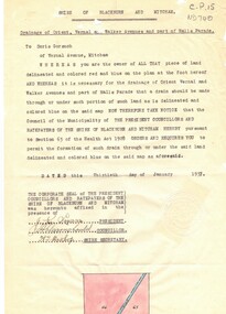 Notice from Shire of Blackburn and Mitcham to Doris Gorsuch, Vernal Avenue, Mitcham requiring access for forming a drain, 30 January 1937.