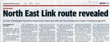 Article, North East Link Route Revealed, 2017