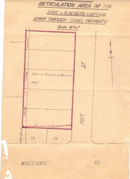 Plan of M.M.B.W. reticulation area no 708,Shire of Blackburn and Mitcham; sewer through council property.  Scale 40' to 1' [1933?] with correspondence between MMBW and the Shire, March - April 1933.