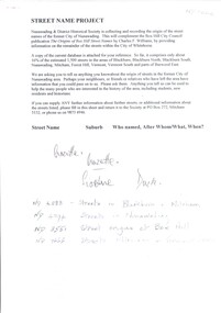 Nunawading & District Historical Society Inc collected the origins of street names to be an on-going project