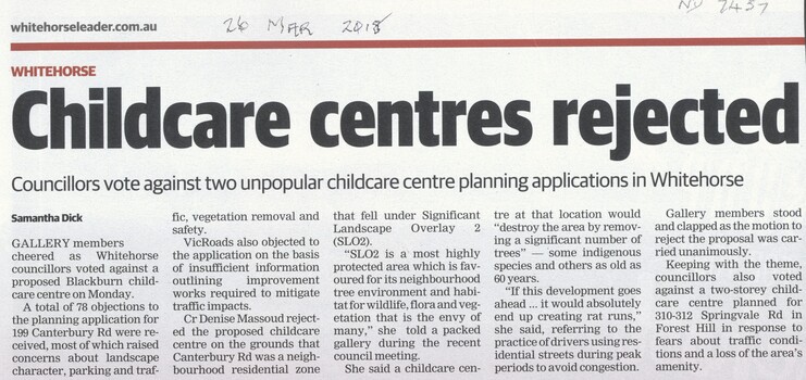 Whitehorse councilors voted against a proposed childcare centre at 199 Canterbury Road, Blackburn and another at 310-312 Springvale Road, Forest 