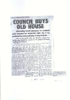 Nunawading Council announced in a prepared press statement that it has purchased a century-old home in Deep Creek Road, Mitcham.
