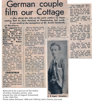 photo and article of a film about the life of the early settlers of Nunawading which was made by Hans Beumer at the instigation of Keith Satchwell for the Opening of Schwerkolt Cottage.