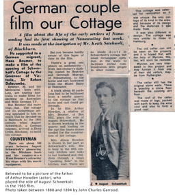 photo and article of a film about the life of the early settlers of Nunawading which was made by Hans Beumer at the instigation of Keith Satchwell for the Opening of Schwerkolt Cottage.