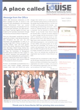 A three page print-out from the Internet about the thirty year celebration of the founding of the Louise Multicultural Community Centre in Box Hill.