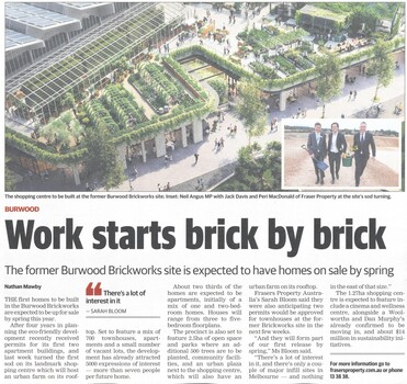 Work has begun on construction of a shopping centre and apartment buildings on the former Burwood Brickworks site.Work has begun on construction of a shopping centre and apartment buildings on the former Burwood Brickworks site.