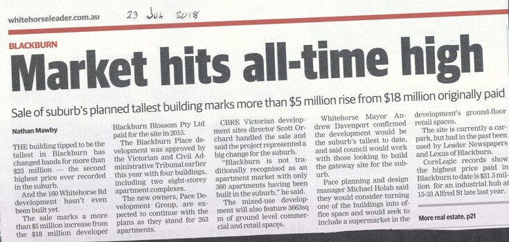 No. 160 Whitehorse Road, Blackburn has been re-sold for $23 million, a $5 million increase to be developed into 263 apartments with commercial and retail spaces, which will become the tallest building in Blackburn.