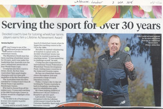 Greg Group of Blackburn South has been coaching wheelchair tennis for 32 years and has been awarded a Lifetime Achievement Award.