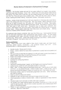 A list and description of artefacts in Schwerkolt Cottage used for the information of attendants.