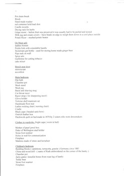 A list and description of artefacts in Schwerkolt Cottage used for the information of attendants.