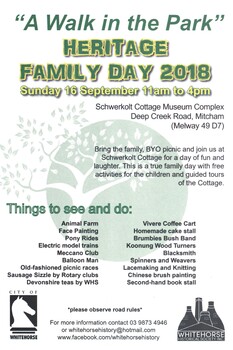 Heritage Family Day 2018 'A Walk in the Park' leaflet, map and Royalauto advertisement.
