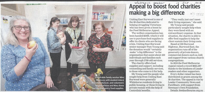 Uniting East Burwood has received a $5,000 donation from the Feed Melbourne Appeal to provide food for the needy.