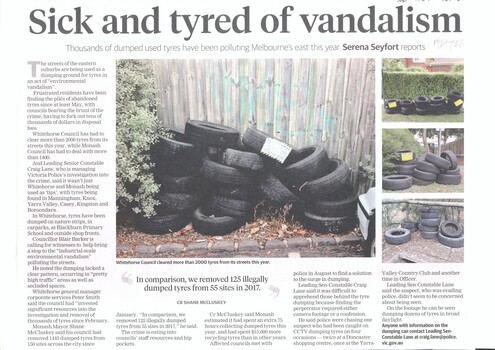Whitehorse Council has had to clear more than 2,000 dumped tyres from its streets this year.
