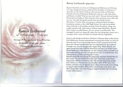 Life story of Bonnie Lockwood, wife of Bill.