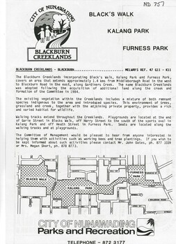 City of Nunawading: Blackburn Creeklands.  Black's Walk, Kalang Park, Furness Park.