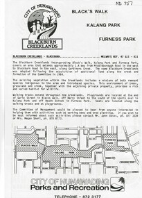 City of Nunawading: Blackburn Creeklands.  Black's Walk, Kalang Park, Furness Park.