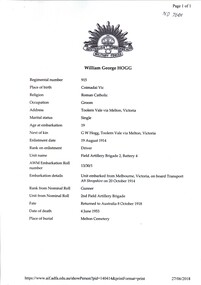 WWI record of Bombadier William George Hogg