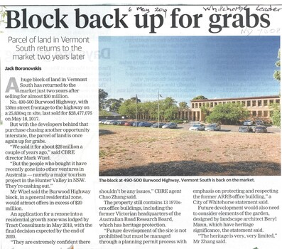 No. 490 - 500 Burwood Highway, Vermont South is for sale again after selling for almost $30 million two years ago. Heritage protection applies to the building and garden.