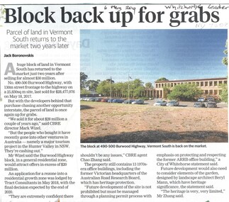 No. 490 - 500 Burwood Highway, Vermont South is for sale again after selling for almost $30 million two years ago. Heritage protection applies to the building and garden.