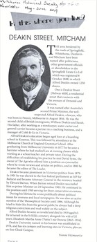 Deakin street, Mitcham, formerly part of the Springfield Estate Co. Ltd, was named after Alfred Deakin, Australia's second Prime Minister.