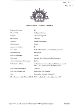 World War I record of Leowyn Ewart Gladstone Gamble who was a local resident.