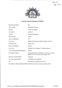 World War I record of Leowyn Ewart Gladstone Gamble who was a local resident.