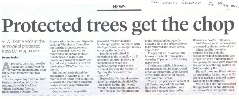 VCAT battle ends for the removal of six protected trees being approved at 203, Canterbury Road, Blackburn to make way for four townhouses.