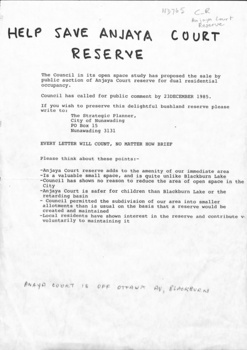 'Help save Anjaya Court Reserve', leaflet following Council's proposed sale of the area, 1985.