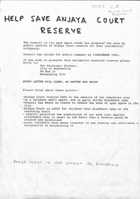 'Help save Anjaya Court Reserve', leaflet following Council's proposed sale of the area, 1985.