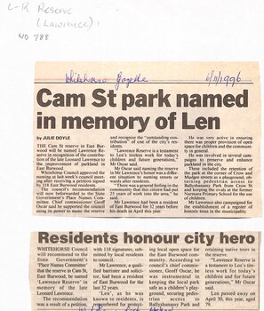 Cam Street Reserve in East Burwood named after Leonard Lawrence