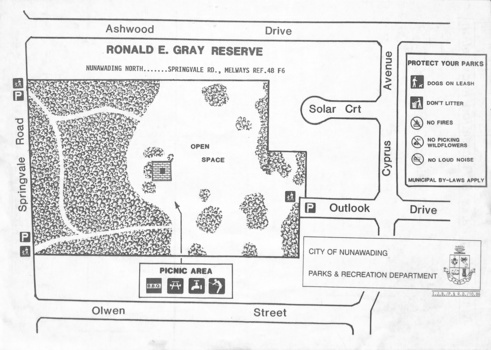 Layout of the Ronald E Gray Reserve - highlighting the picnic area.