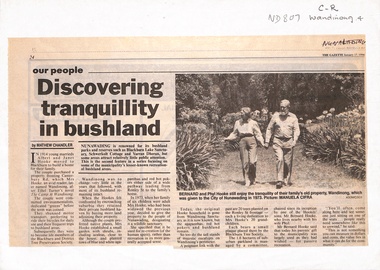 Article on Wandinong Sanctuary with photo of Bernard and Phyl Hooke.