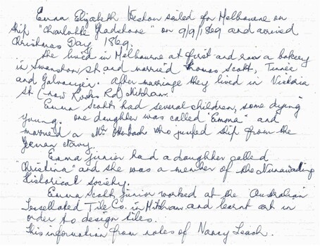 Information from the notes of Nancy Leach re Emma Elizabeth Weston who sailed for Melbourne on the 'Charlotte Gladstone' on 9/9/1869. 