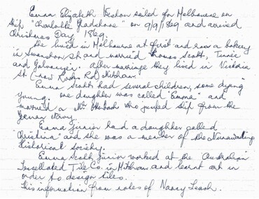 Information from the notes of Nancy Leach re Emma Elizabeth Weston who sailed for Melbourne on the 'Charlotte Gladstone' on 9/9/1869. 