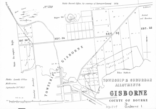 Collection of reproductions issued by the Public Record Office in 1978 - Township and suburban allotments, Gisborne, 1857