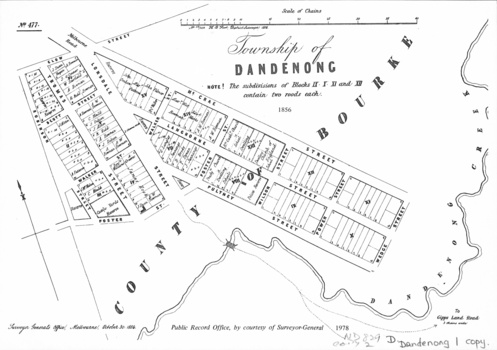Collection of reproductions issued by the Public Record Office in 1978 -  Township of Dandenong, 1856.