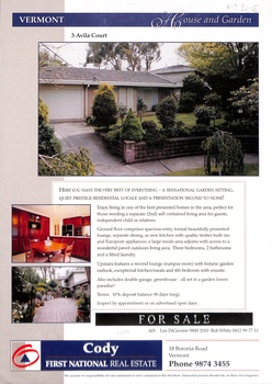 Sale brochure for 3 Avila Court, Vermont. 