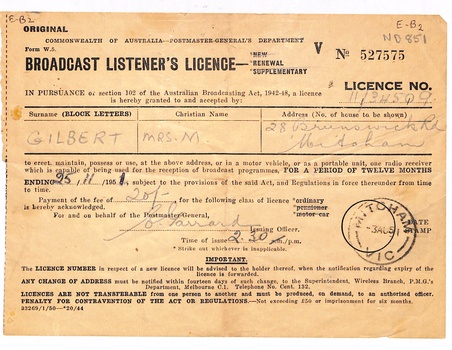 Broadcast Listener's Licence, 1951.