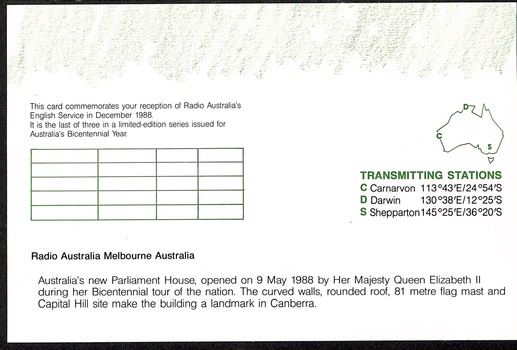 This card commemorates the reception of Radio Australia's English service in December 1988.