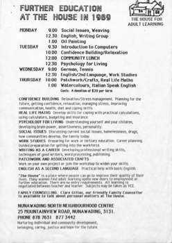 Further education at the house 1989 - program for the week.