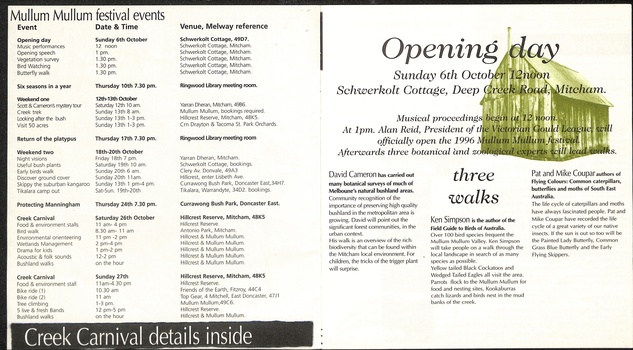 Programme for three weeks of activities at the 1996 Mullum Mullum Festival, 6th - 27th October.  
