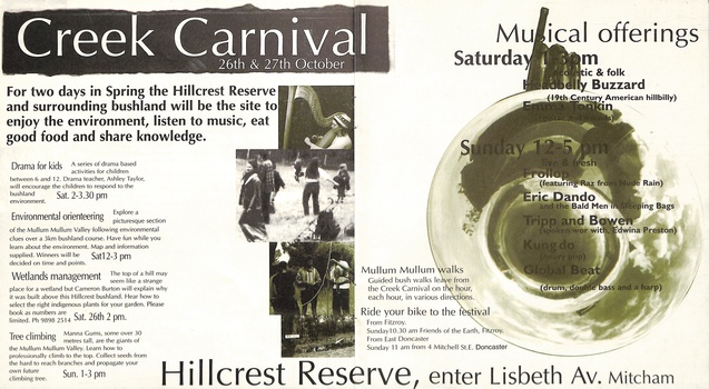 Programme for three weeks of activities at the 1996 Mullum Mullum Festival.