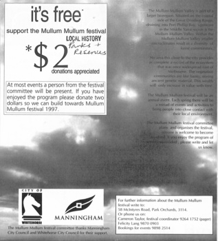Programme for three weeks of activities at the 1996 Mullum Mullum Festival.