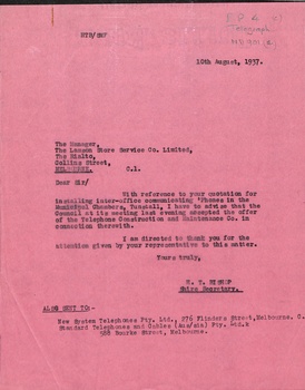 Letter to Lampson Store Service Co informing them that quotation from Telephone Construction and Maintenance Co Acceptance notice
