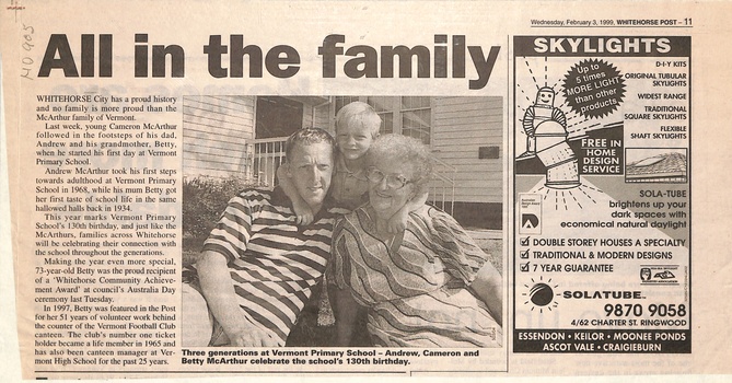 McArthur family associated with Vermont Primary School 