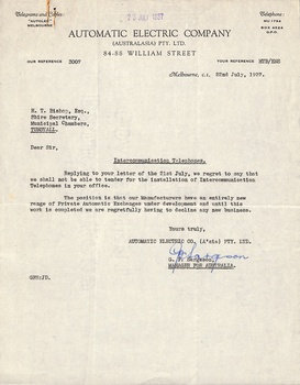 Letter to the Shire Secretary of Tunstall from Standard Telephones with a quotation for supply and installation of intercommunicating telephones 1937.   