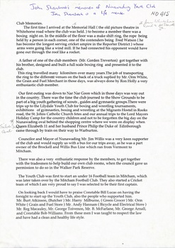 Memories of John Shambrook concerning people involved in the Nunawading Youth Club and some of their activities.