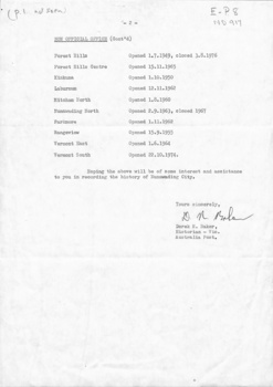 Page 1 missing.  Page 2 is a list of non-official post offices from 1949 - 1974 