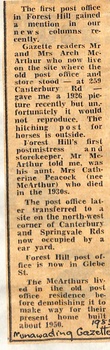 Article in Nunawading Gazette about the first Post Office in Forest Hill. 