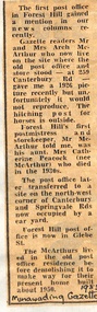 Article in Nunawading Gazette about the first Post Office in Forest Hill. 